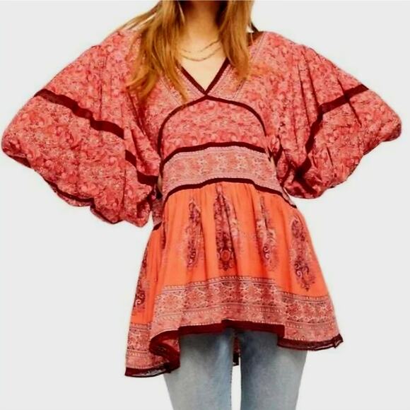 Free People XS Luna Scarf Lacey Print Exaggerated BellSleeve Boho Red Mini Dress - Picture 12 of 16